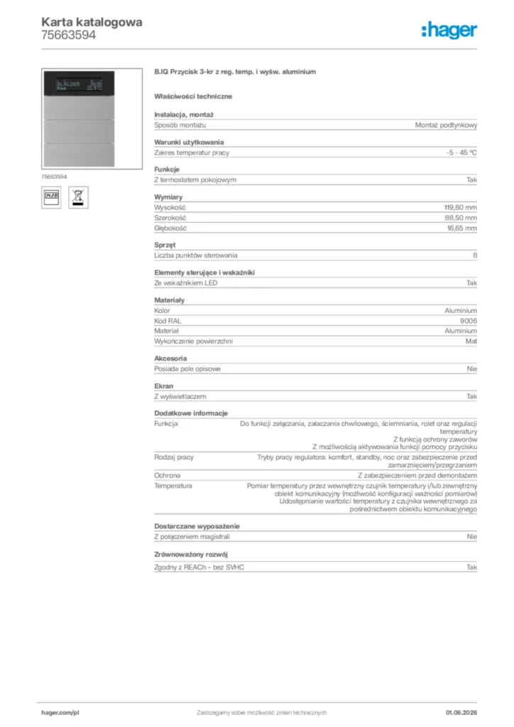 Zdjęcie Hager Karta katalogowa 75663594 | Hager Polska