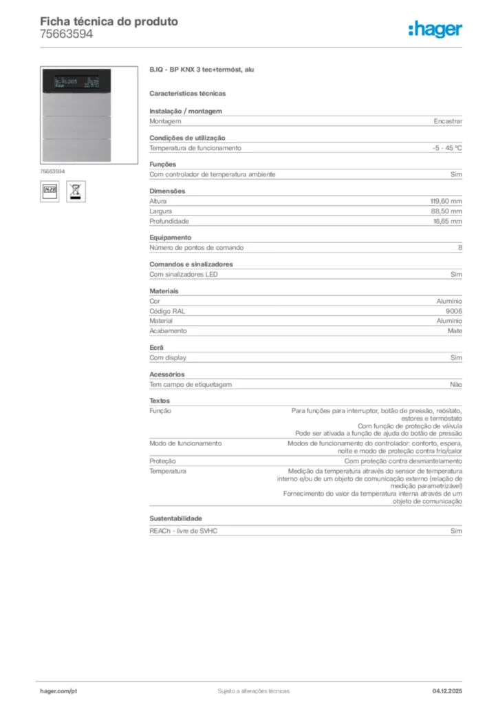 Imagem Hager Ficha técnica do produto 75663594 | Hager Portugal