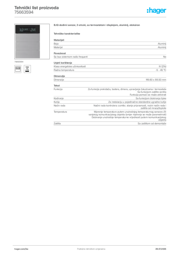 Slika Hager Product data sheet 75663594  | Hager
