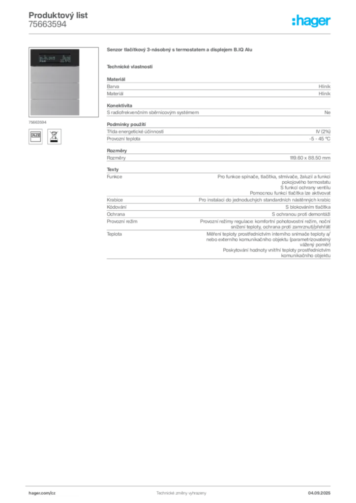 Obrázek Hager Produktový list 75663594 | Hager