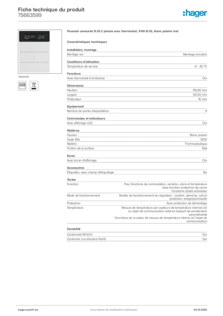 Image Hager Fiche technique du produit 75663599 | Hager Belgique