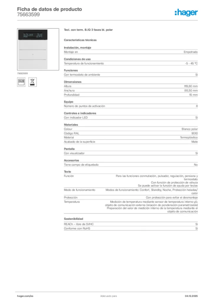 Imagen Hager Ficha de datos de producto 75663599 | Hager España