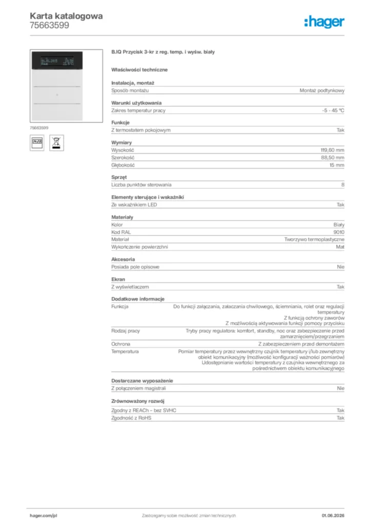 Zdjęcie Hager Karta katalogowa 75663599 | Hager Polska