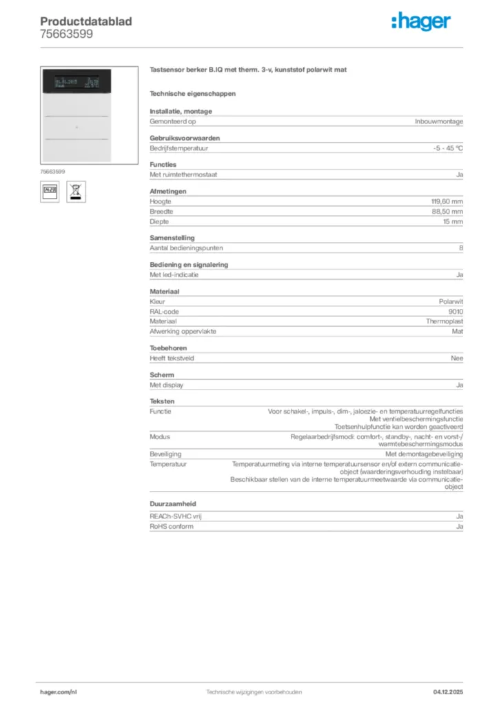 Afbeelding Hager Productdatablad 75663599 | Hager Nederland