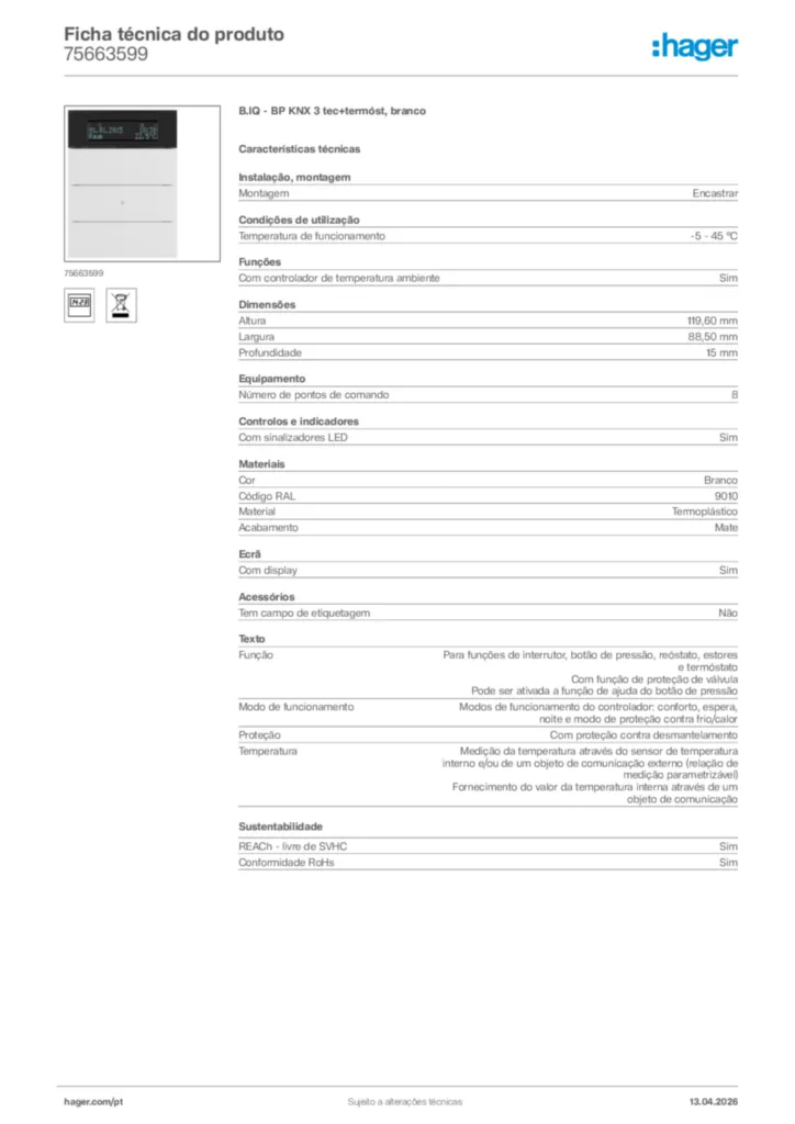 Imagem Hager Ficha técnica do produto 75663599 | Hager Portugal