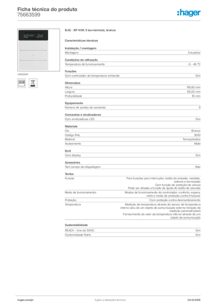 Imagem Hager Ficha técnica do produto 75663599 | Hager Portugal