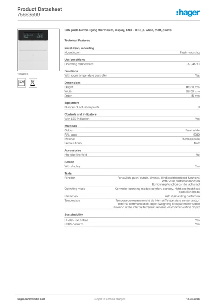 Image Hager Product data sheet 75663599  | Hager