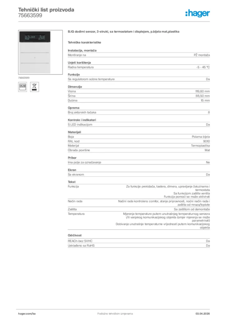 Slika Hager Tehnički list proizvoda 75663599  | Hager
