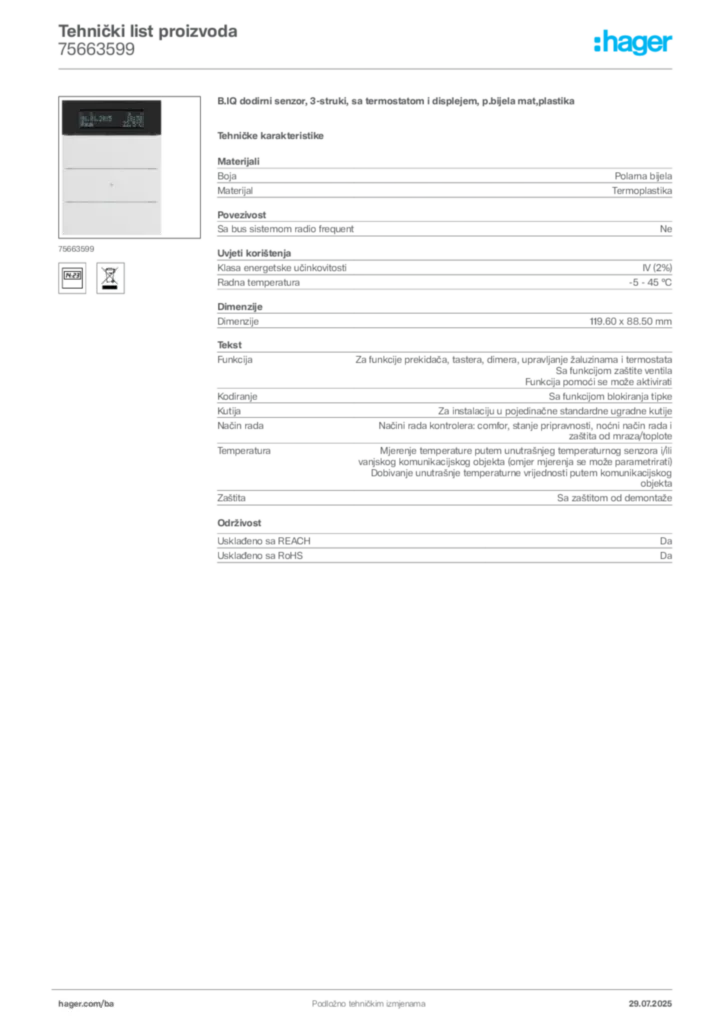 Slika Hager Product data sheet 75663599  | Hager