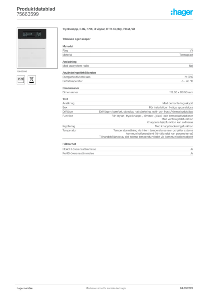 Bild Hager Produktdatablad 75663599 | Hager Sverige