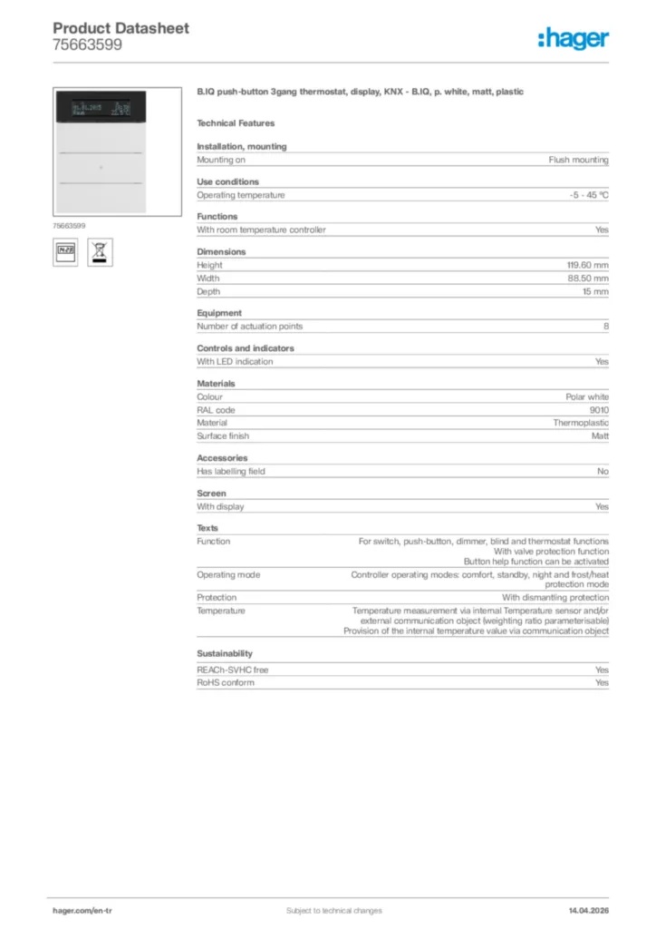 Image Hager Product data sheet 75663599  | Hager