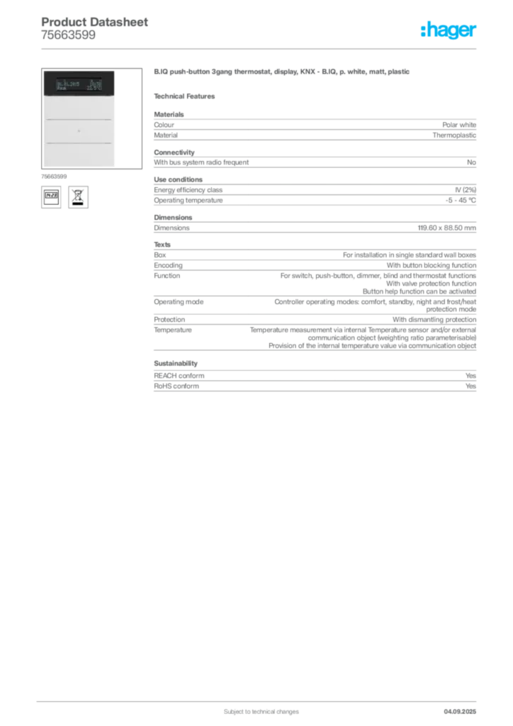 Image Hager Product data sheet 75663599  | Hager