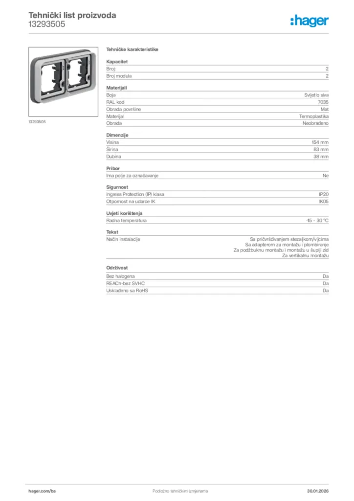 Slika Hager Tehnički list proizvoda 13293505  | Hager