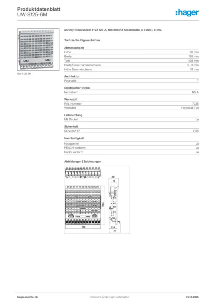 Bild Hager Produktdatenblatt UW-S125-6M | Hager Schweiz