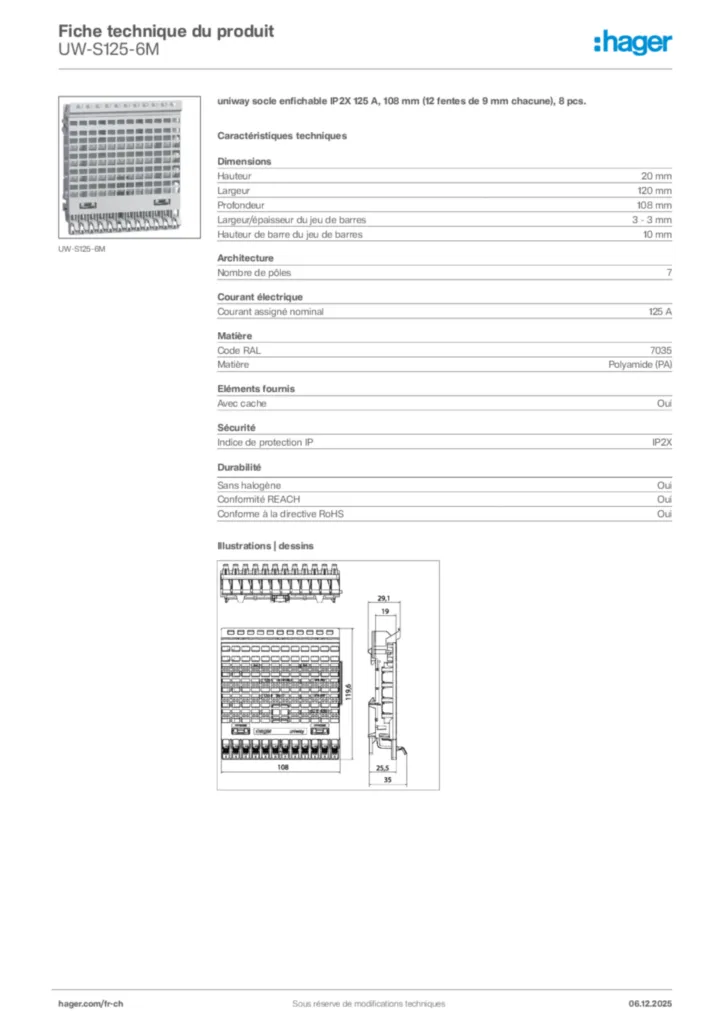 Image Hager Fiche technique du produit UW-S125-6M | Hager Suisse