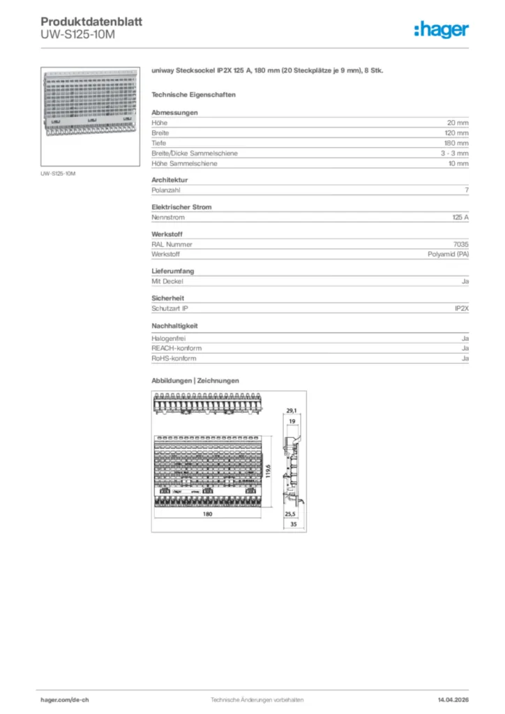 Bild Hager Produktdatenblatt UW-S125-10M | Hager Schweiz