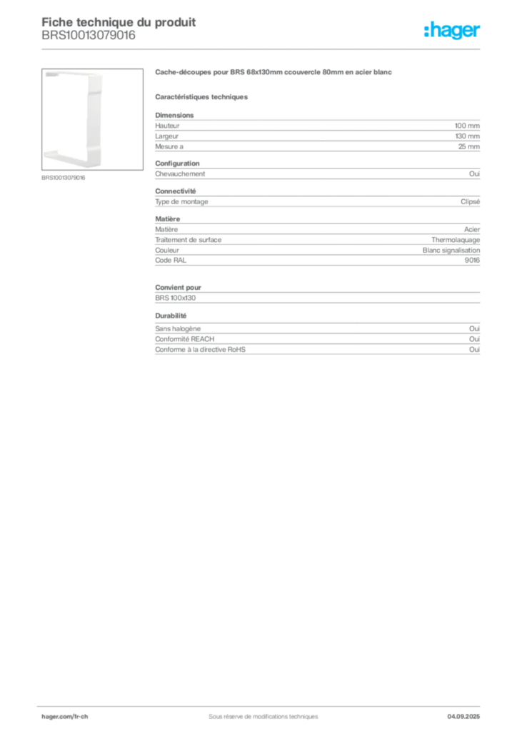 Image Hager Fiche technique du produit BRS10013079016 | Hager Suisse