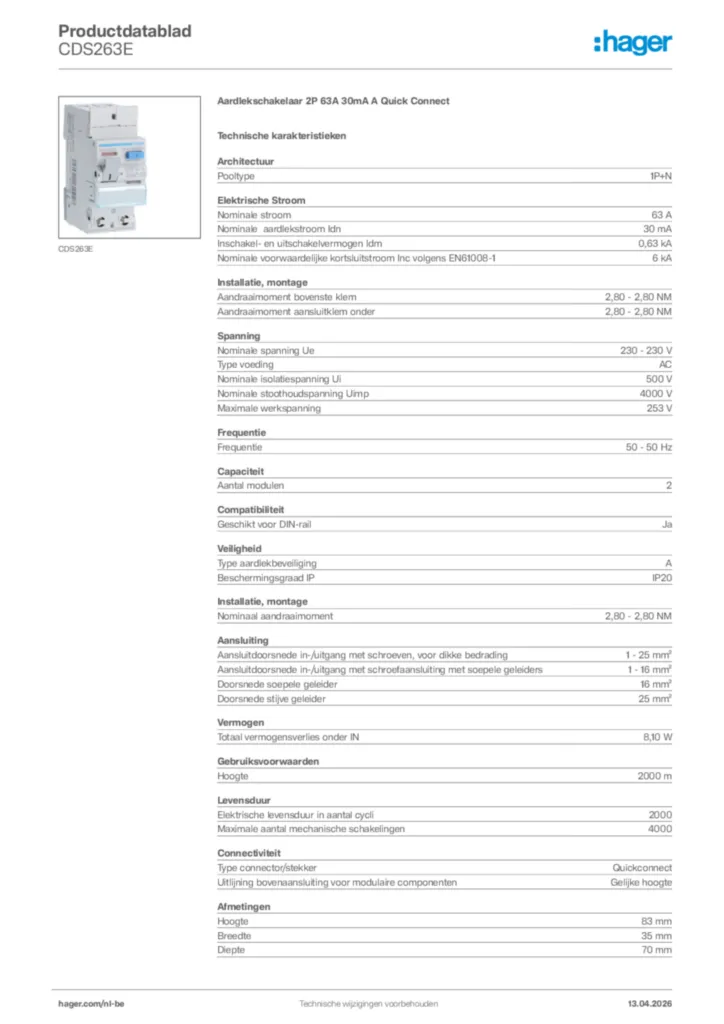 Afbeelding Hager Productdatablad CDS263E | Hager Belgium