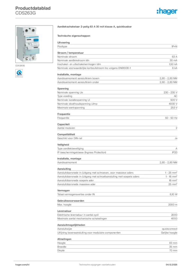 Afbeelding Hager Productdatablad CDS263G | Hager Nederland
