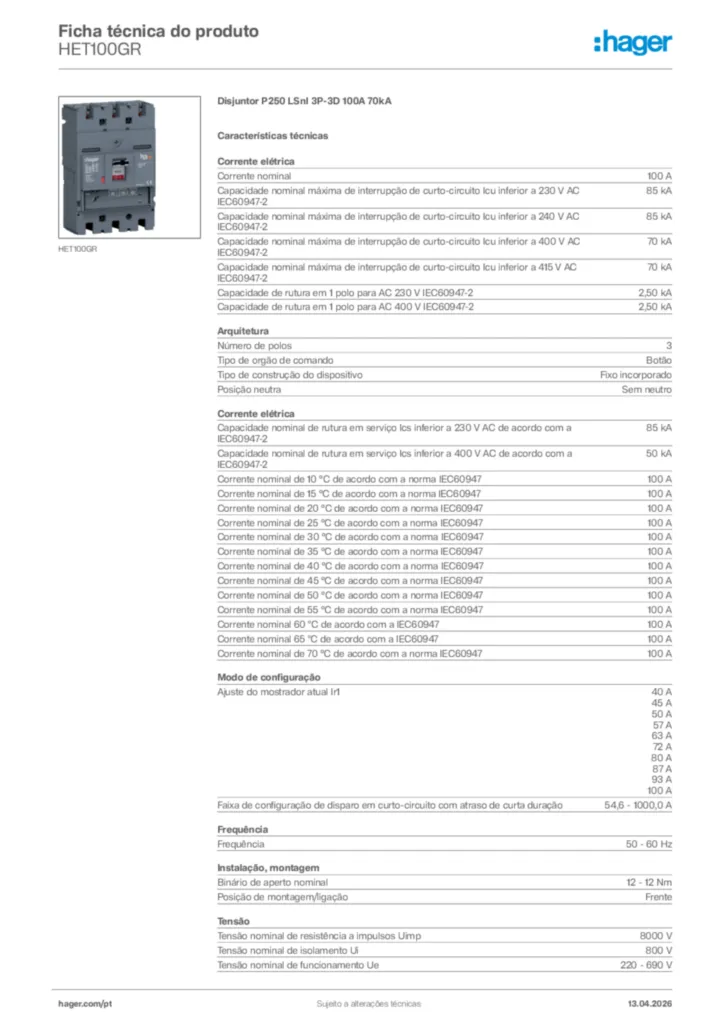 Imagem Hager Ficha técnica do produto HET100GR | Hager Portugal