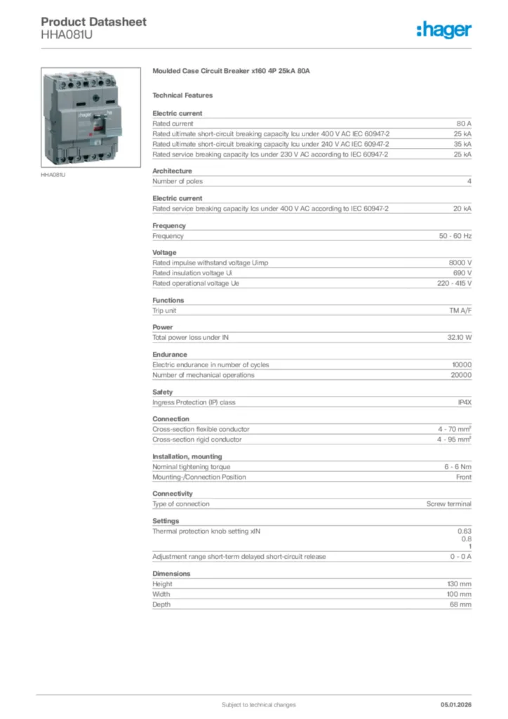 Image Hager Product data sheet HHA081U  | Hager