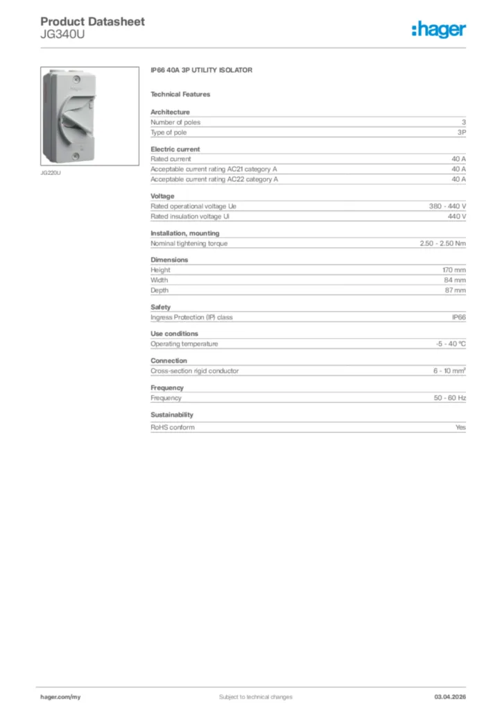 Image Hager Product data sheet JG340U  | Hager