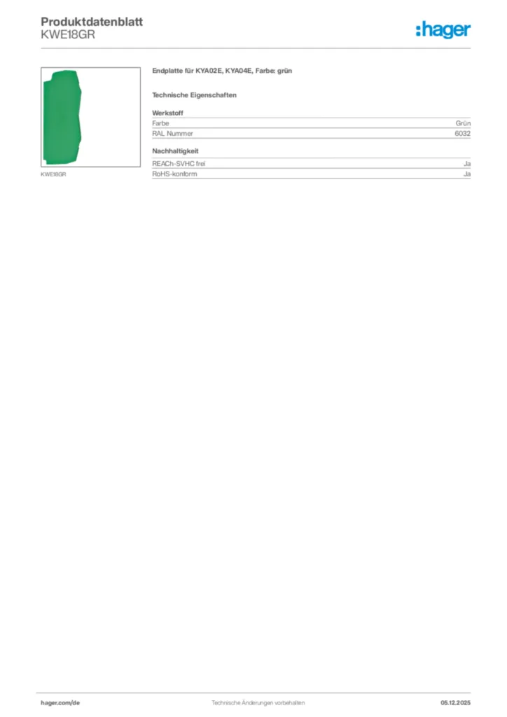 Bild Hager Produktdatenblatt KWE18GR | Hager Deutschland