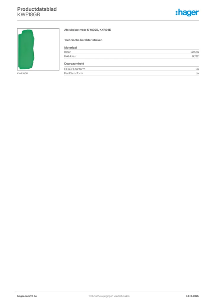 Afbeelding Hager Productdatablad KWE18GR | Hager Belgium