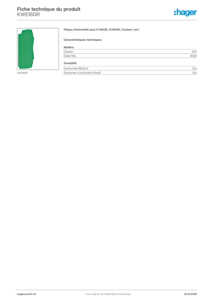 Image Hager Fiche technique du produit KWE18GR | Hager Suisse