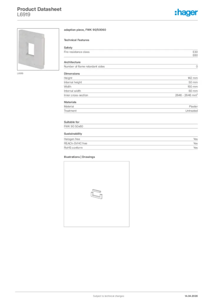 Image Hager Product data sheet L6919  | Hager Africa