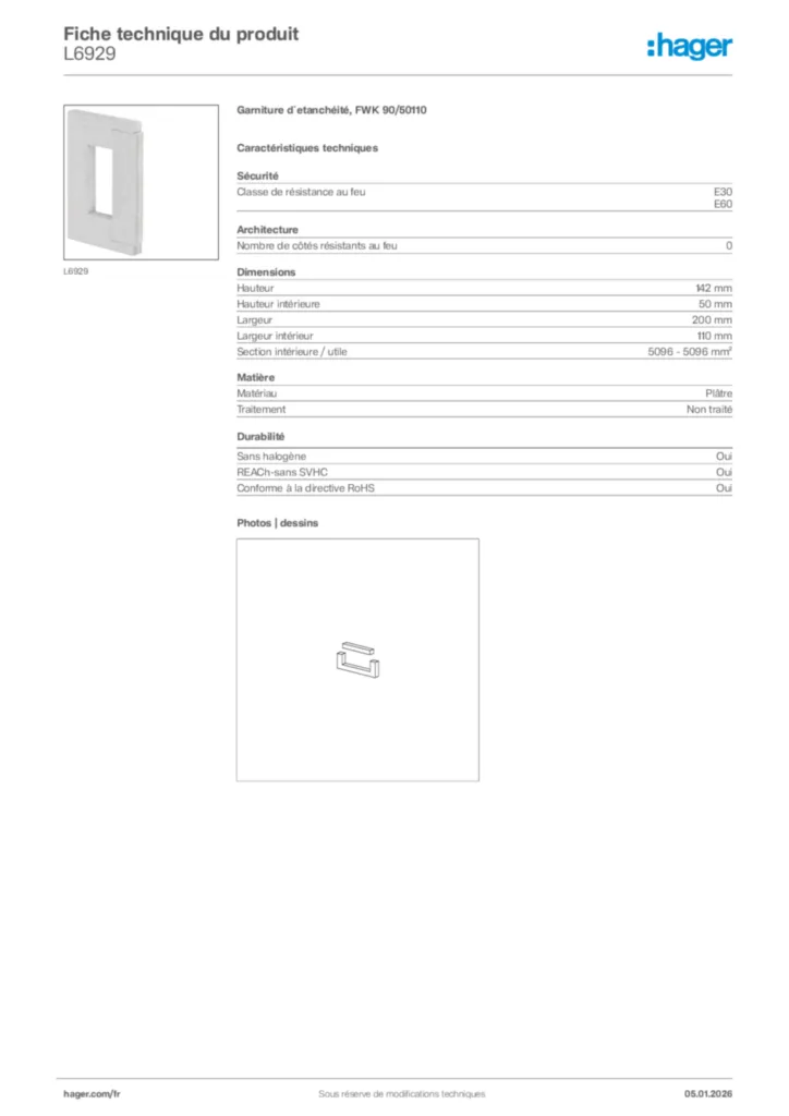 Image Hager Fiche technique du produit L6929 | Hager France