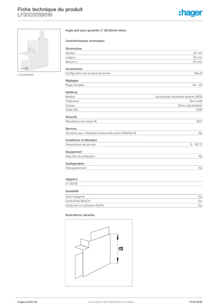 Image Hager Fiche technique du produit LF3003059016 | Hager Belgique