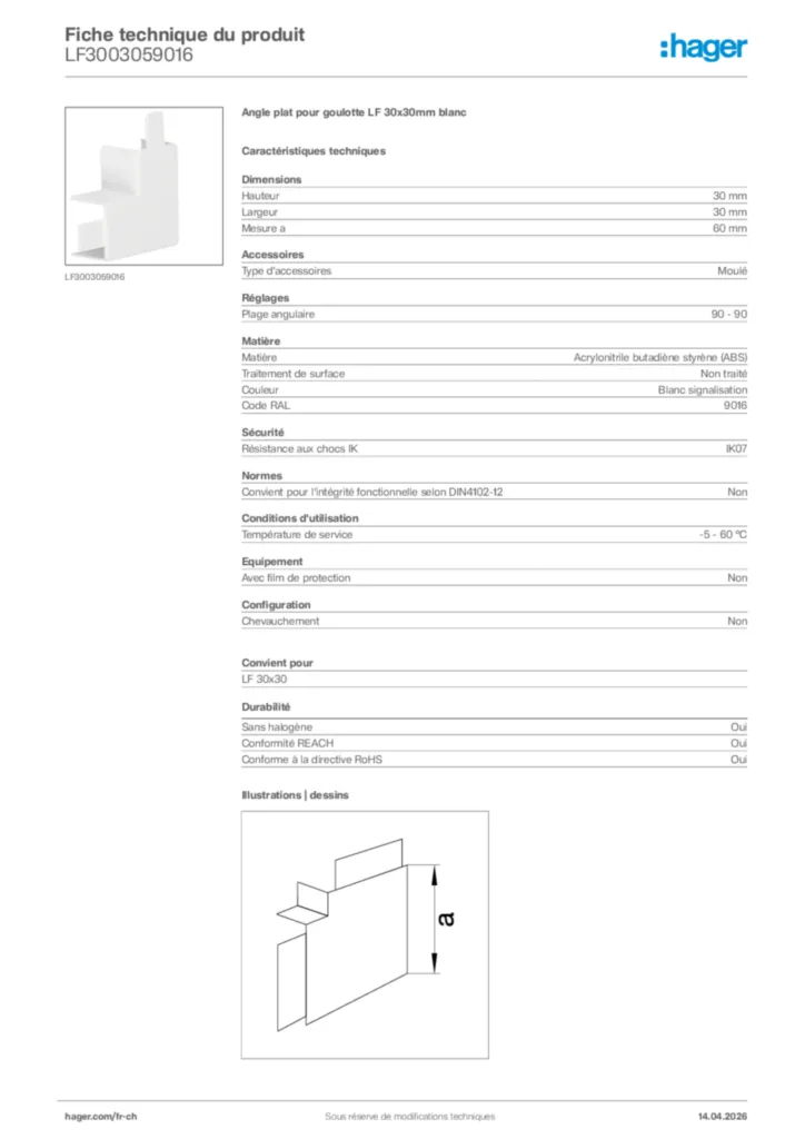 Image Hager Fiche technique du produit LF3003059016 | Hager Suisse