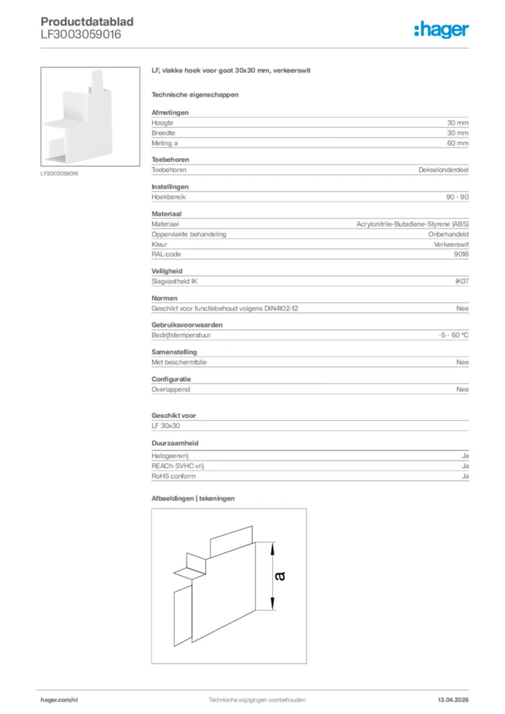 Afbeelding Hager Productdatablad LF3003059016 | Hager Nederland