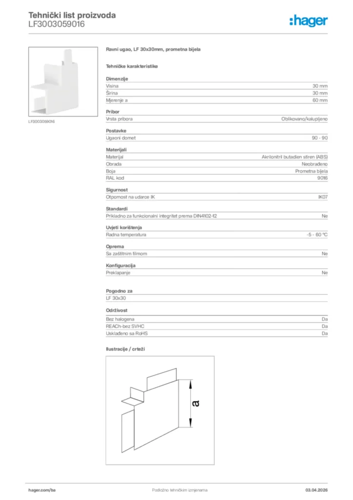 Slika Hager Tehnički list proizvoda LF3003059016  | Hager
