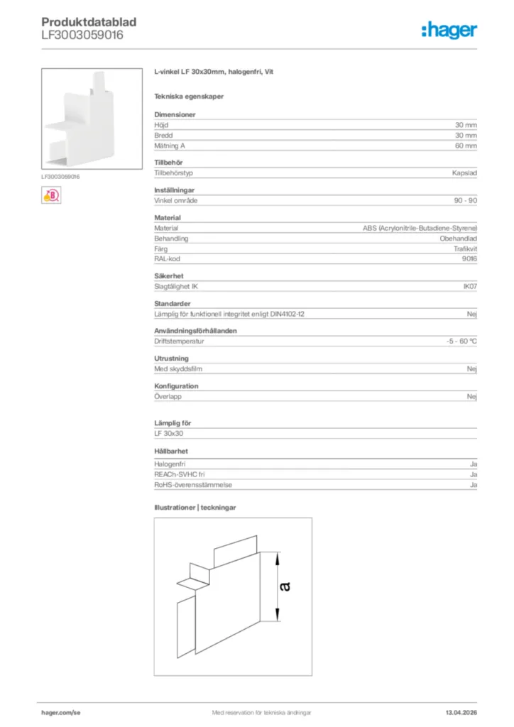 Bild Hager Produktdatablad LF3003059016 | Hager Sverige