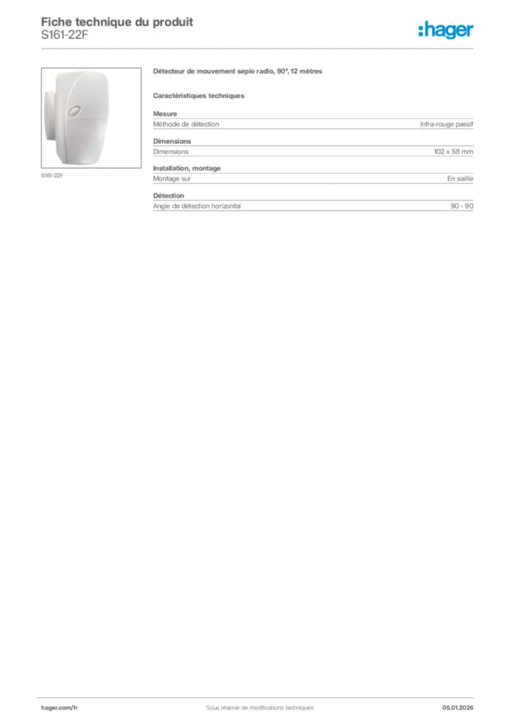 Image Hager Fiche technique du produit S161-22F | Hager France