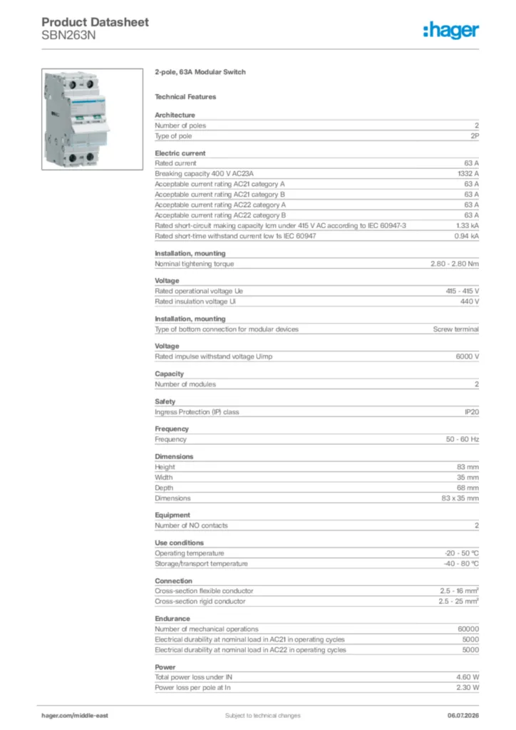 Image Hager Product data sheet SBN263N  | Hager