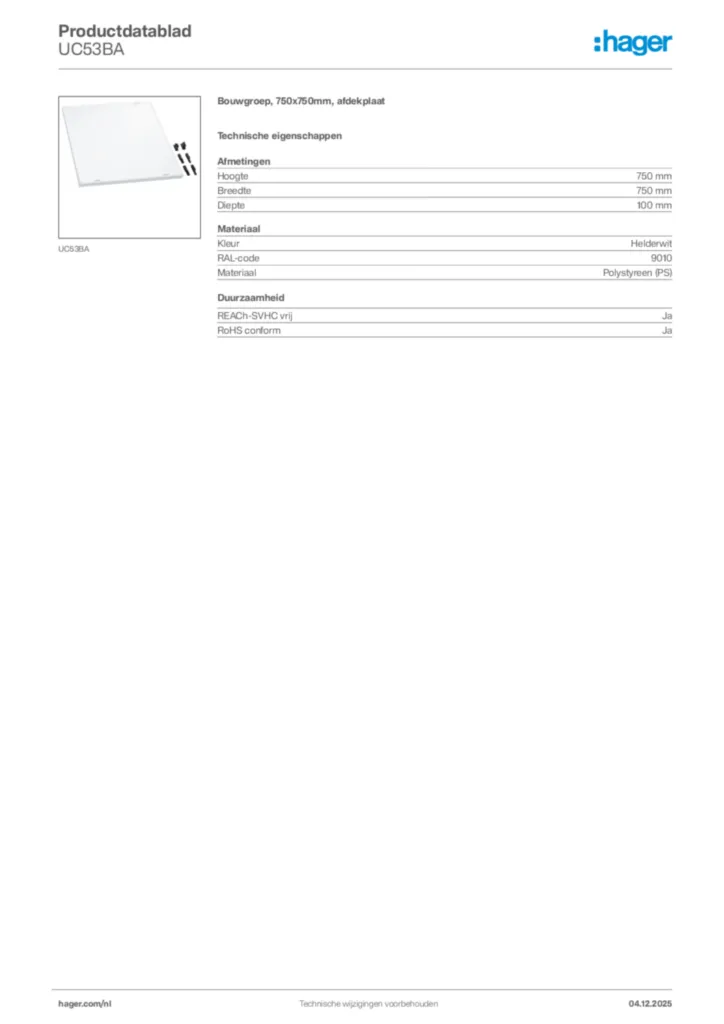 Afbeelding Hager Productdatablad UC53BA | Hager Nederland