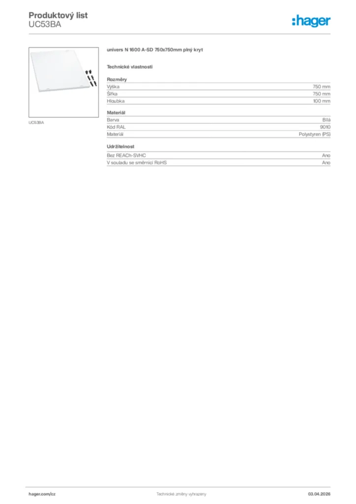 Obrázek Hager Product data sheet UC53BA | Hager