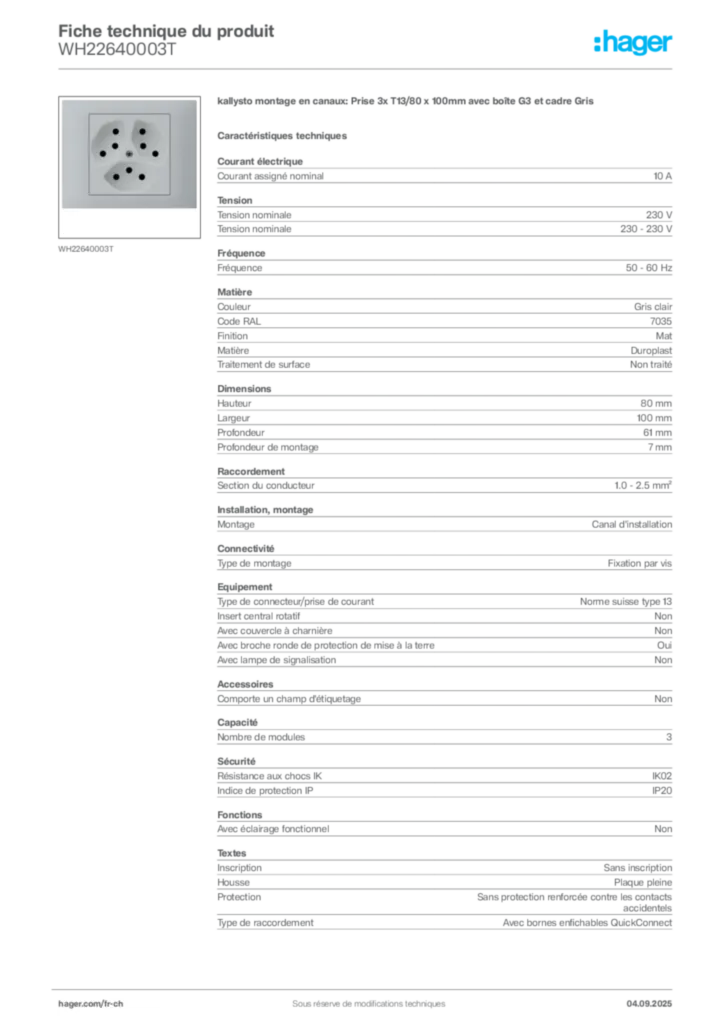 Image Hager Fiche technique du produit WH22640003T | Hager Suisse
