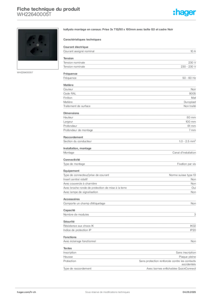 Image Hager Fiche technique du produit WH22640005T | Hager Suisse