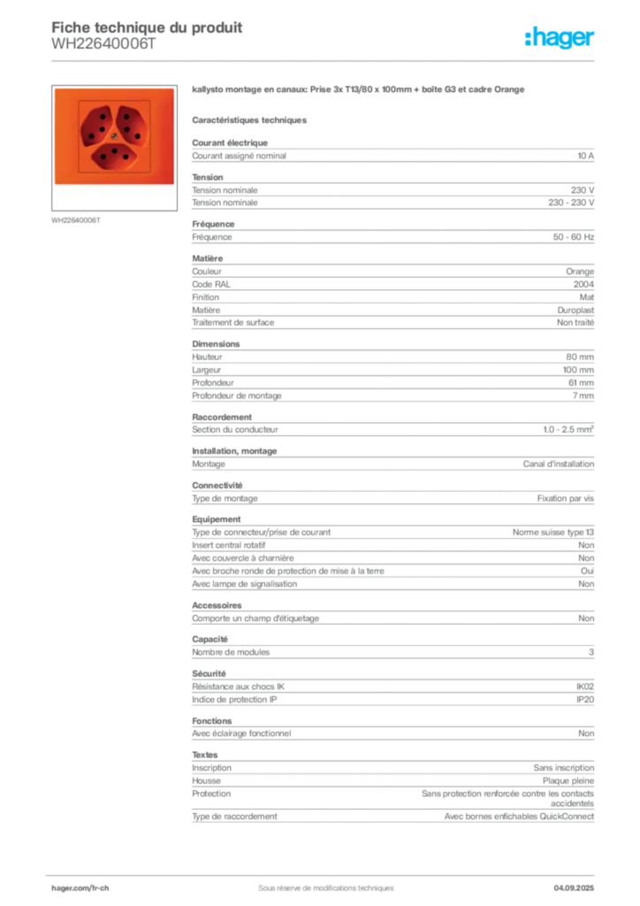 Image Hager Fiche technique du produit WH22640006T | Hager Suisse