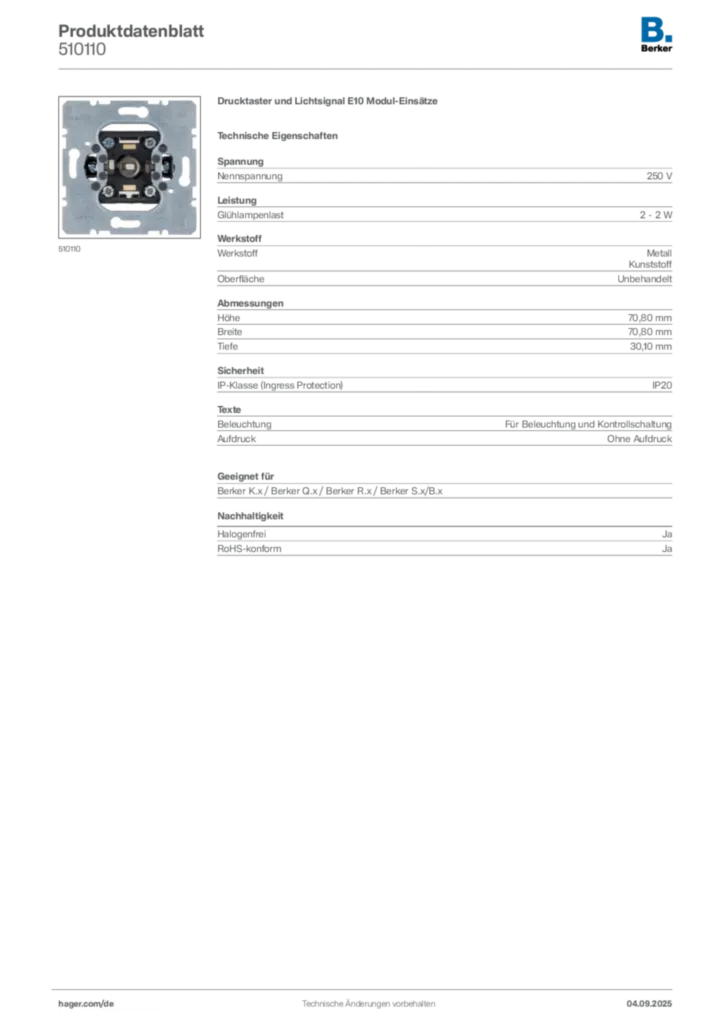 Bild Berker Produktdatenblatt 510110 | Hager Deutschland