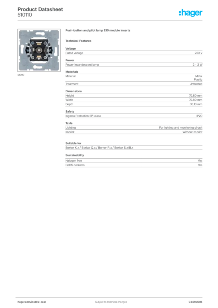 Image Hager Product data sheet 510110  | Hager