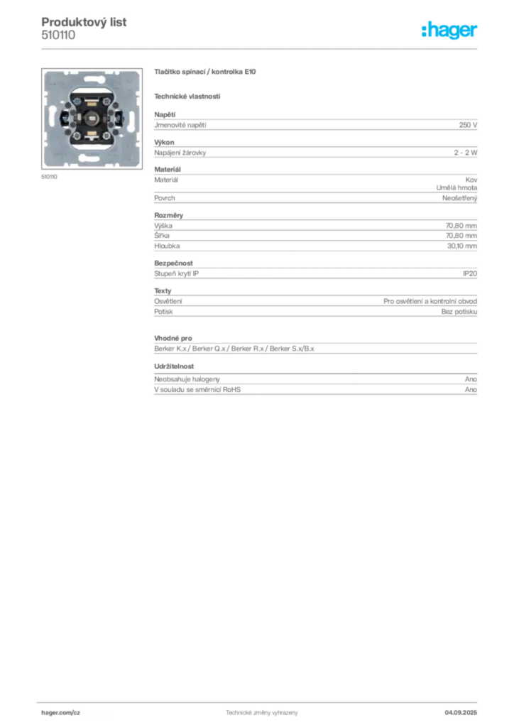 Obrázek Hager Produktový list 510110 | Hager