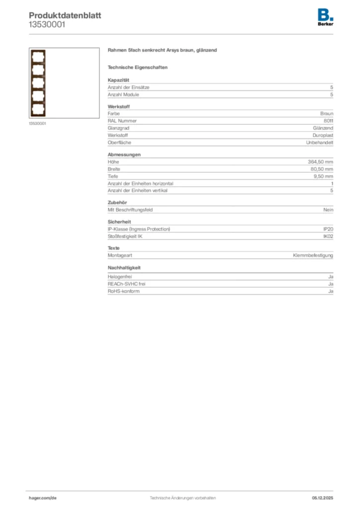 Bild Berker Produktdatenblatt 13530001 | Hager Deutschland