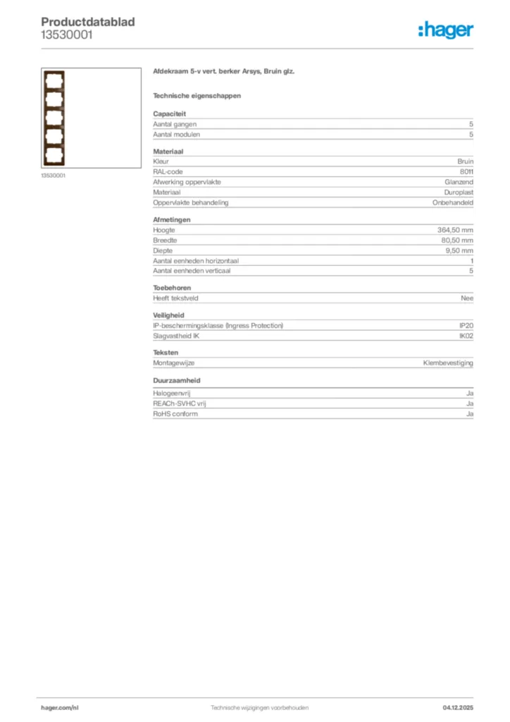 Afbeelding Hager Productdatablad 13530001 | Hager Nederland
