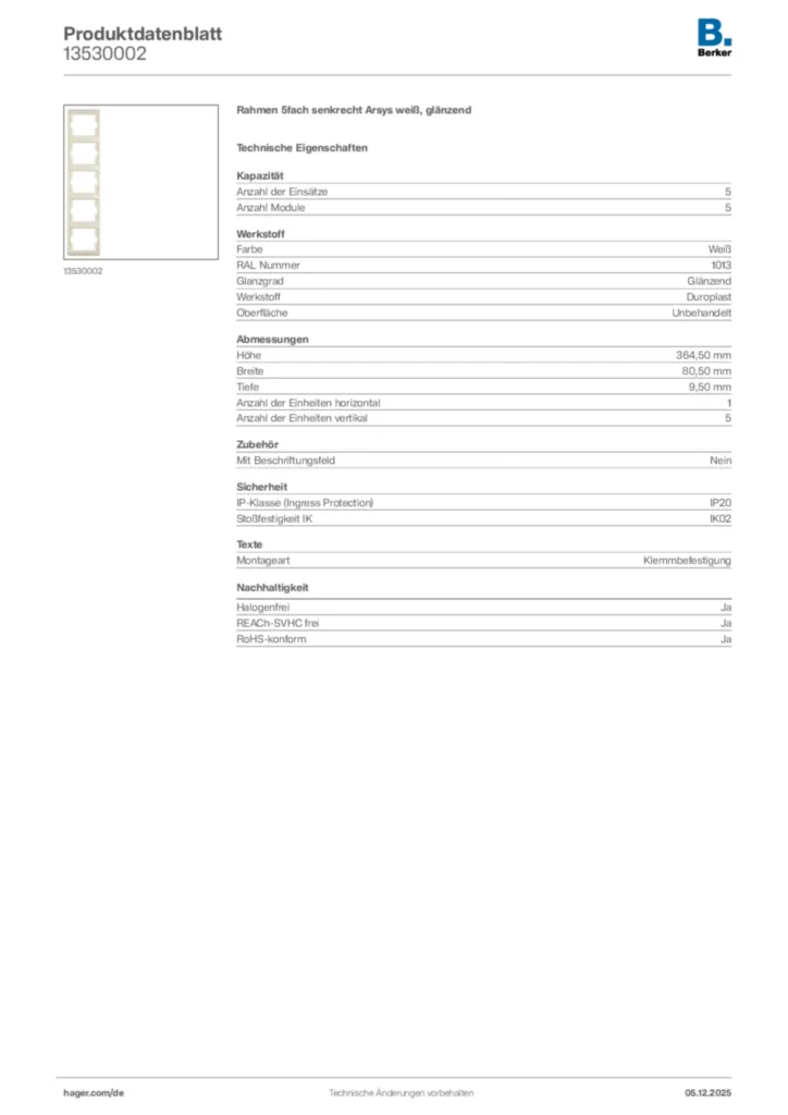 Bild Berker Produktdatenblatt 13530002 | Hager Deutschland