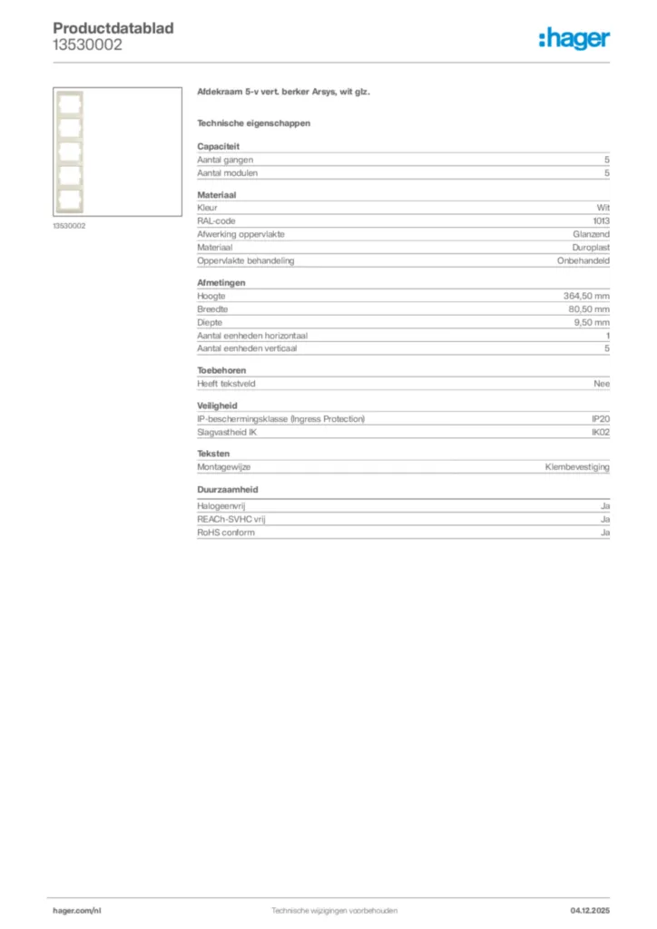 Afbeelding Hager Productdatablad 13530002 | Hager Nederland